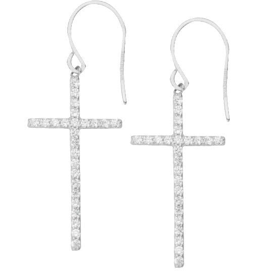 Sterling Silver Rhodium/White Gold Plated Dangle CZ Cross Euro Wire Earrings