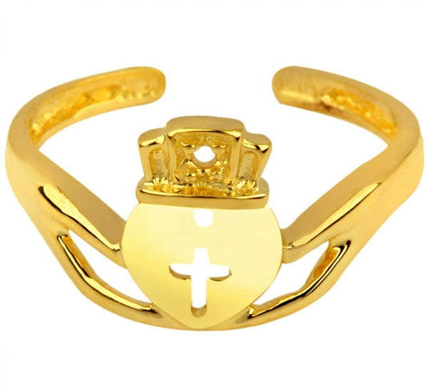 14K Solid Gold Classic Claddagh Heart Crown Cross Toe Ring - Yellow, Rose, White