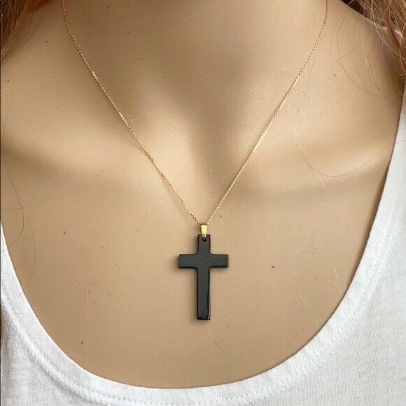 Real Yellow Gold Black Cross Religious Pendant - PP22
