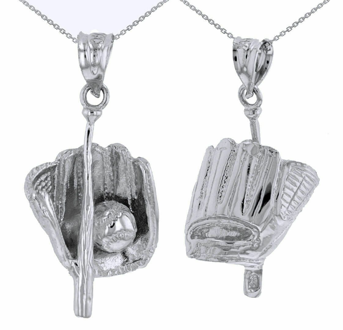 925 Sterling Silver 3D Sports Softball Baseball Bat Glove Ball Pendant Necklace