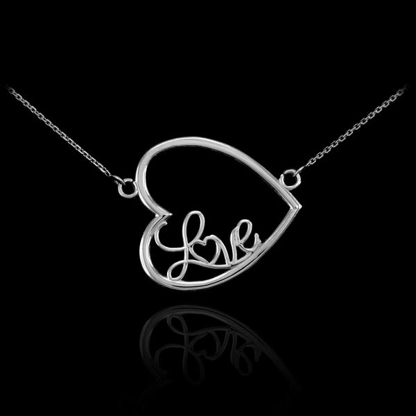 14K Solid White Gold Dainty Sideways Open Heart Love Necklace Valentine's Day