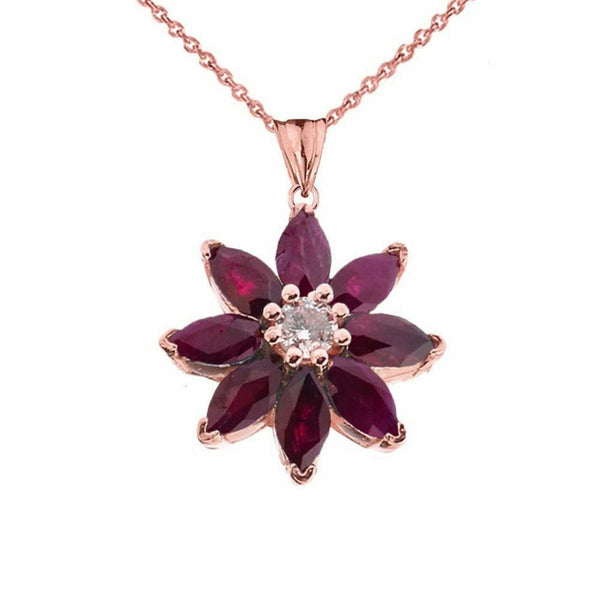 Solid 14k Rose Gold Genuine Ruby and Diamond Daisy Pendant Necklace