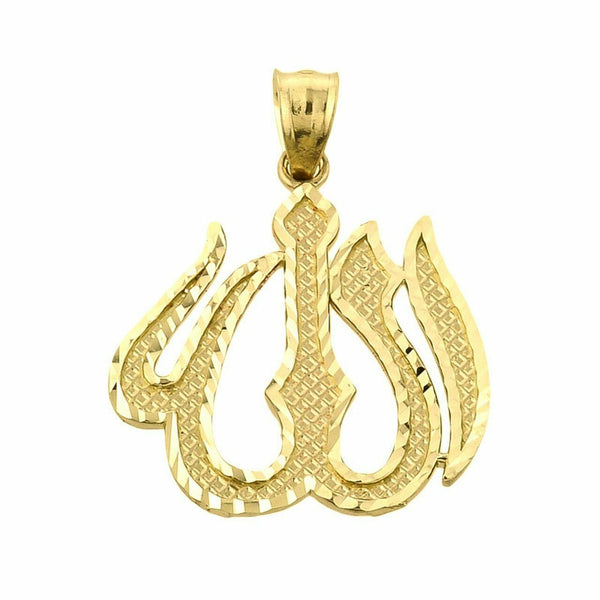 14k Real Solid Yellow Gold Diamond Cut Allah Pendant Necklace