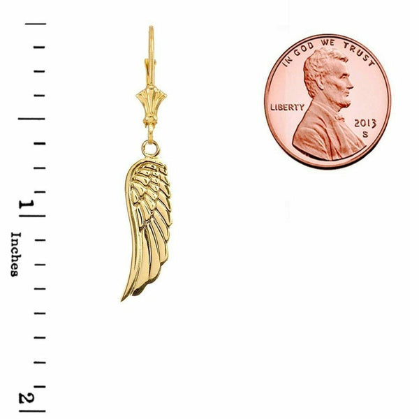 10k Solid Yellow Gold Dangling Angel Wing Leverback Earrings