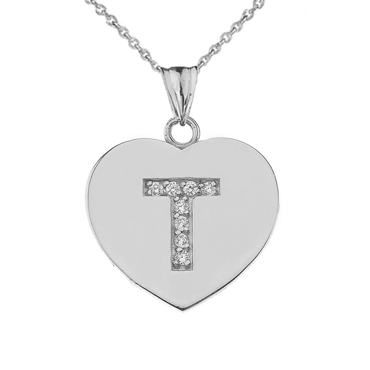 925 Sterling Silver CZ Initial Letter T Heart Pendant Necklace - 16" 18" 20" 22"