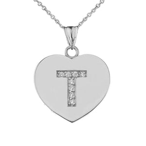 925 Sterling Silver CZ Initial Letter T Heart Pendant Necklace - 16" 18" 20" 22"