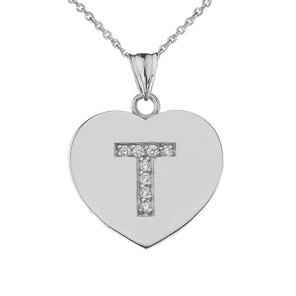 925 Sterling Silver CZ Initial Letter T Heart Pendant Necklace - 16" 18" 20" 22"
