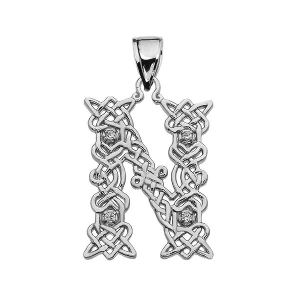 Sterling Silver CZ Celtic Knot Pattern Initial Letter N Pendant Charm Necklace