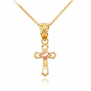 14k Solid Two Tone Yellow Rose Gold Heart Open Cross Pendant Necklace