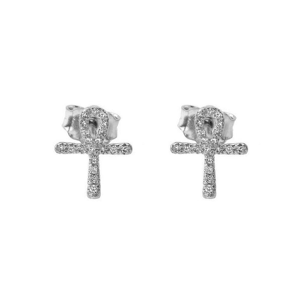 10K Solid White Gold Diamond Mini Ankh Cross Stud Earrings