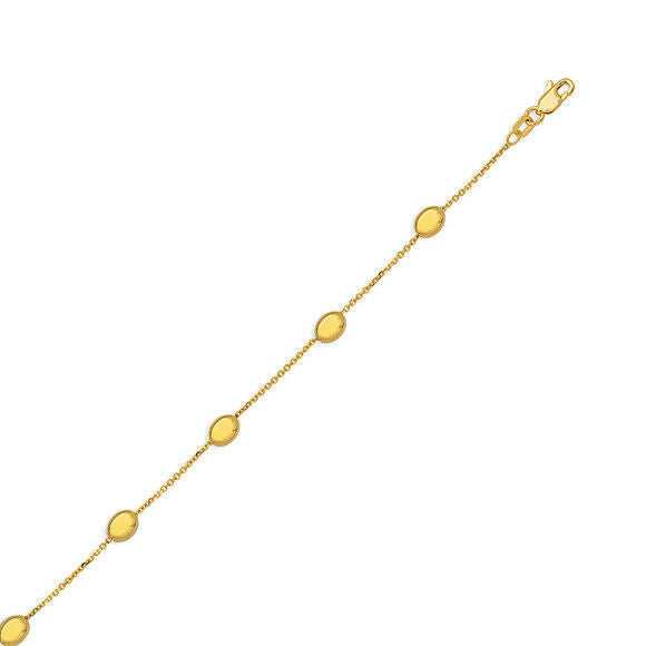 14K Solid Gold Satin and Polished Coffee Bean Anklet - Yellow 9"-10" adjustable