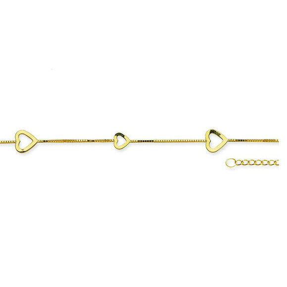 14K Solid Gold Box Chain Heart Anklet -Yellow 9"-10" Adjustable