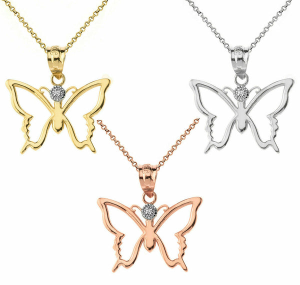 Solid Gold Diamond Butterfly Outline Openwork Resurrection Joy Pendant Necklace