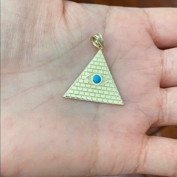 10k Yellow Gold Egyptian Pyramid with Turquoise Evil Eye Pendant Necklace