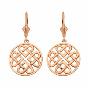 10k Real Rose Gold Woven Celtic Hearts Circle Drop Earrings Set - Small