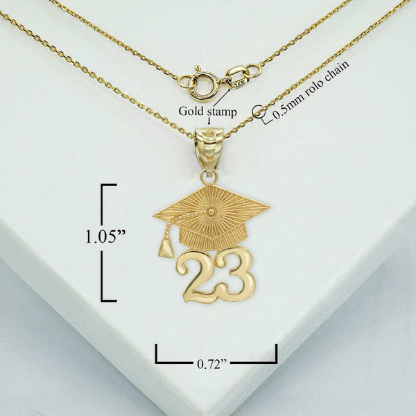 10K Solid Gold Class of 2023 Graduation Ceremony Cap Pendant Necklace