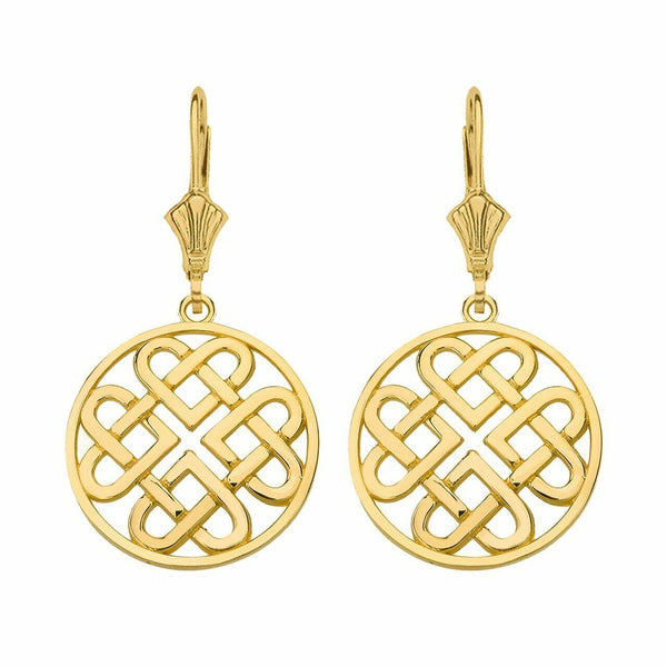 14k Real Yellow Gold Woven Celtic Hearts Circle Drop Earrings Set - Small