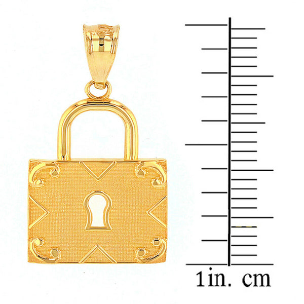 14K Solid Gold Swirl Rectangle Keyhole Padlock Pendant Necklace