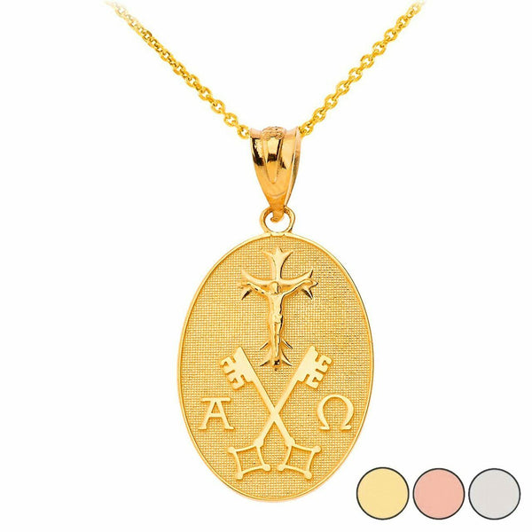 Solid 14k Gold Jesus Christ Alpha and Omega Keys of Heaven Pendant Necklace