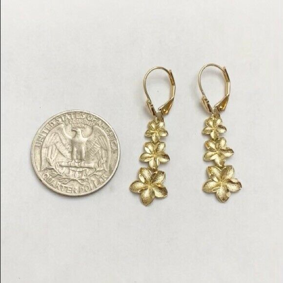 14k Solid Tri-color Gold Elegant Plumeria Flower Dangle Leverback Earrings