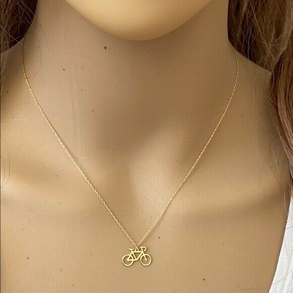 14K Solid Real Yellow Gold Mini Bicycle Dainty Necklace - Minimalist 16"-18"