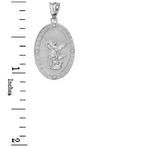 Sterling Silver Archangel Michael Oval Medallion CZ Prayer L Pendant Necklace