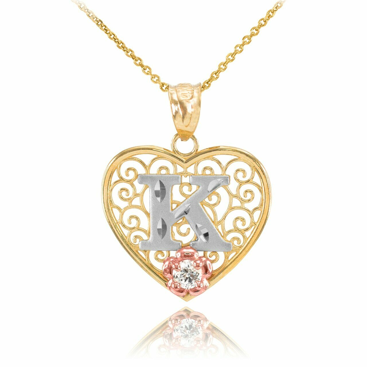 10k Solid Gold Initial Letter K Heart Filigree CZ Pendant Necklace