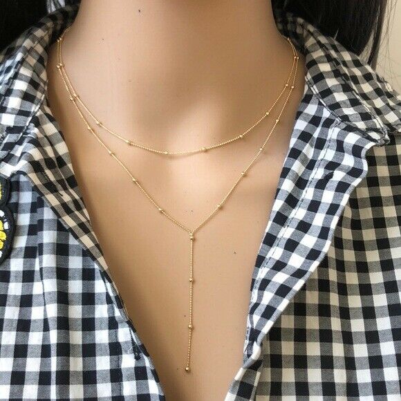 14K Solid White Gold Layering Drop Dangle Bead Choker Necklace - Adjustable