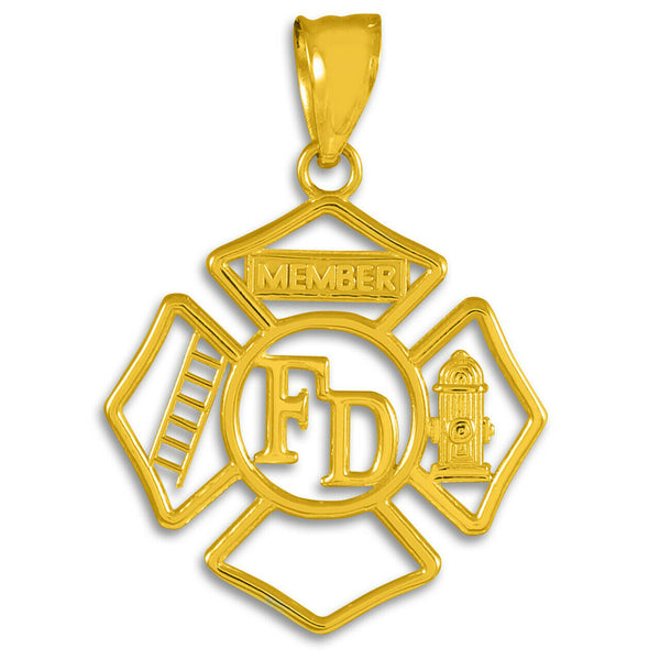 14k Solid Yellow Gold Fire Department Firefighter Member Badge Pendant Necklace