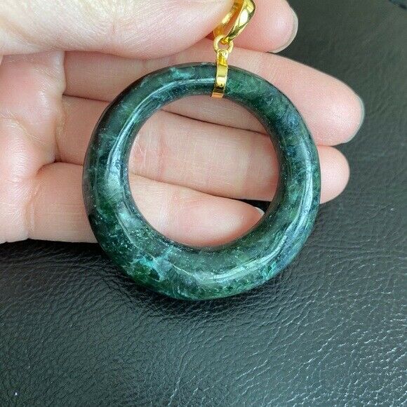 14K Solid Gold Green Large Round Natural Jade Pendant Necklace