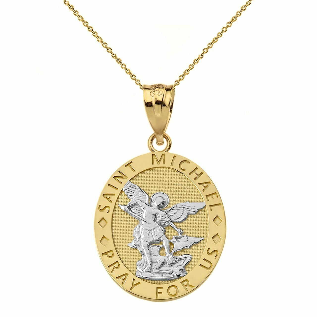 14k Two Tone Yellow Gold Engravable St Michael Pray For Us Oval Pendant Necklace