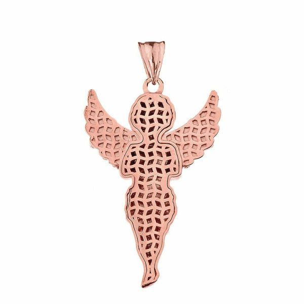 14k Solid Rose Gold Angel CZ Religious Pendant Necklace