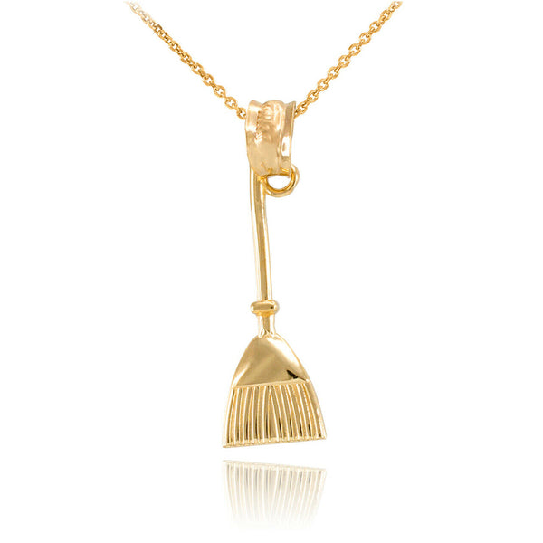 10K Solid Gold Household Cleaning Broom Stick Pendant Necklace Halloween Witch