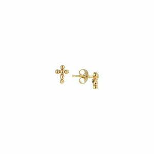 14K Solid Yellow Gold Mini Bead Cross Stud Earrings - Minimalist - Kid size
