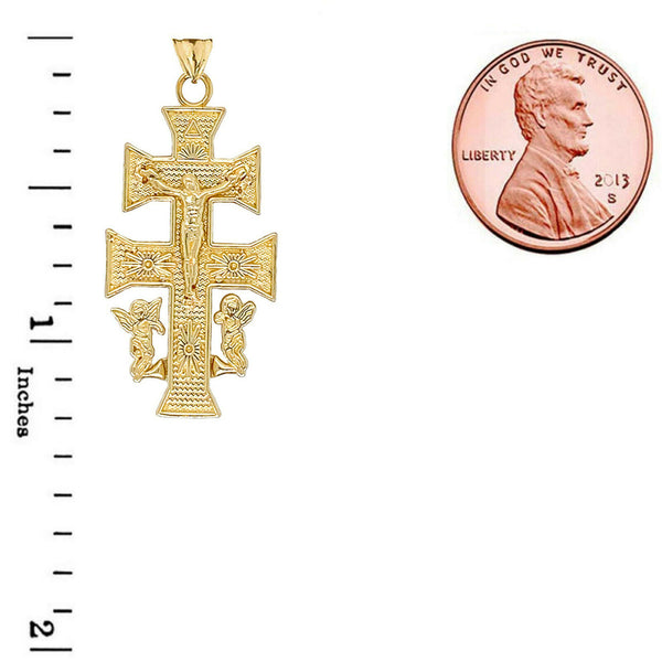 10K Solid Gold Caravaca Double Cross With Angels Crucifix Pendant Necklace