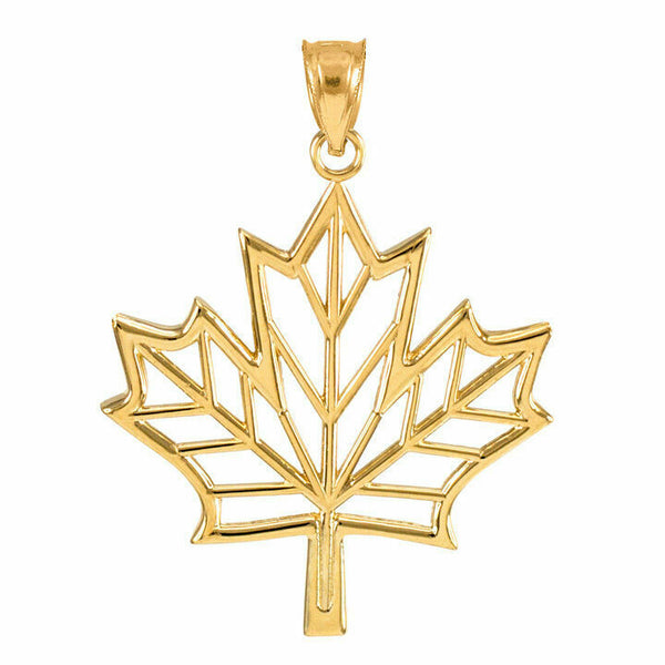 14K Solid Yellow Gold Open Design Maple Leaf Pendant Necklace