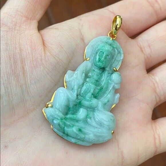 14K Solid Real Yellow Gold Natural Jadeite Jade Kwan Yin Lady Buddha Pendant 702