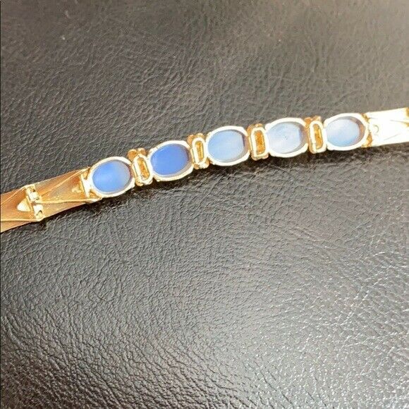 14K Solid Real Yellow Gold Oval Blue Star Bracelet 6.5 inches