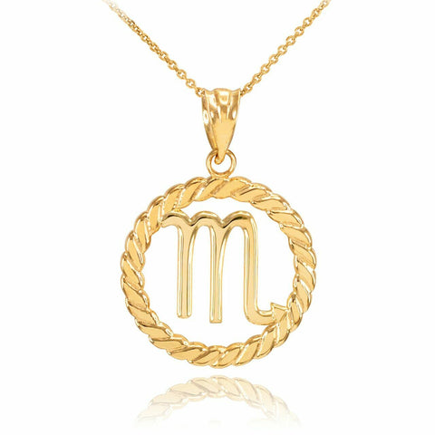 14K Solid Gold Scorpio Zodiac Sign in Circle Rope Pendant Necklace