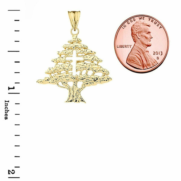 14k Solid Yellow Gold Lebanese Cedar Tree With Cut Out Cross Pendant Necklace