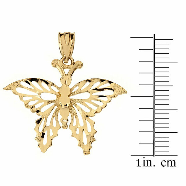 10k 14k Solid Gold Filigree Diamond Cut Butterfly Charm Pendant Necklace