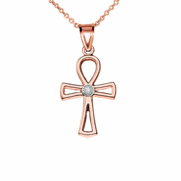 10k 14k Solid Gold Diamond Ancient Egyptian Ankh Cross Openwork Pendant Necklace
