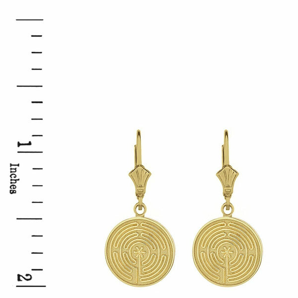 14k Solid Yellow Gold Maze Chartres Labyrinth Dainty Disc Leverback Earrings