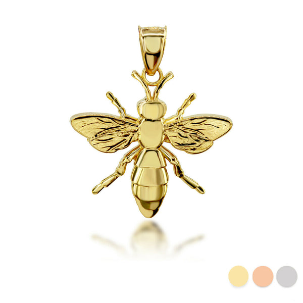 14k Solid Yellow Gold 3D Bee Pendant Necklace