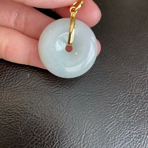 14K Solid Fine Real Yellow Gold Round Donut Natural Jadeite Icy Jade Pendant