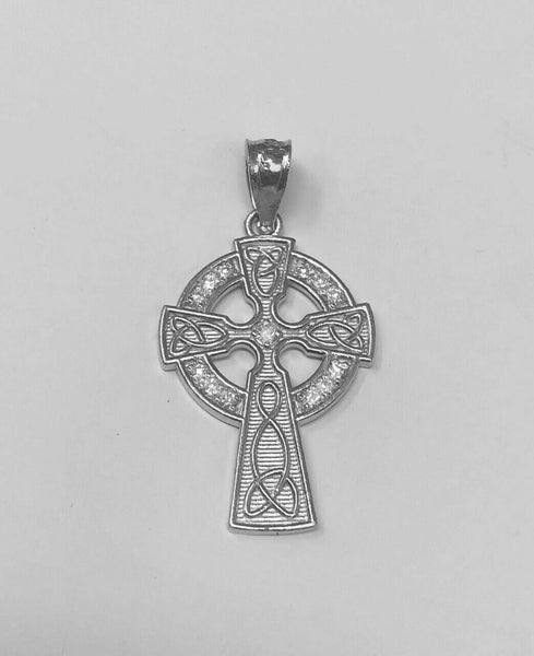 Solid 14k White Gold Diamond Trinity Knot Celtic Cross Pendant Necklace