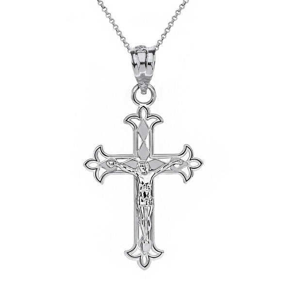 Sterling Silver Fleur De Lis Filigree Crucifix - Lily of France Pendant Necklace