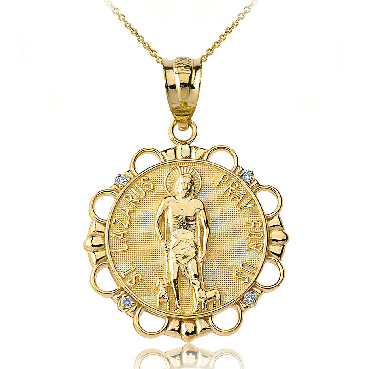 10k Solid Gold Diamond Saint Lazarus Pray For Us Circle Pendant Necklace