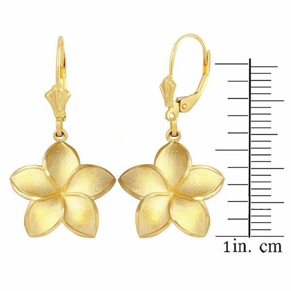 Solid 10k / 14k Yellow Gold Large Five Petal Plumeria Flower Matte Earrings Set
