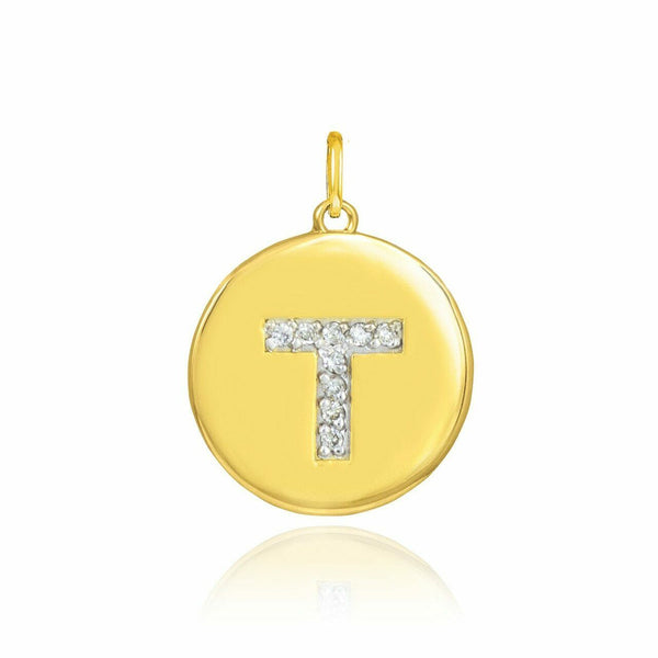 Solid 10k Yellow Gold Letter "T" Initial Diamond Disc Charm Pendant Necklace